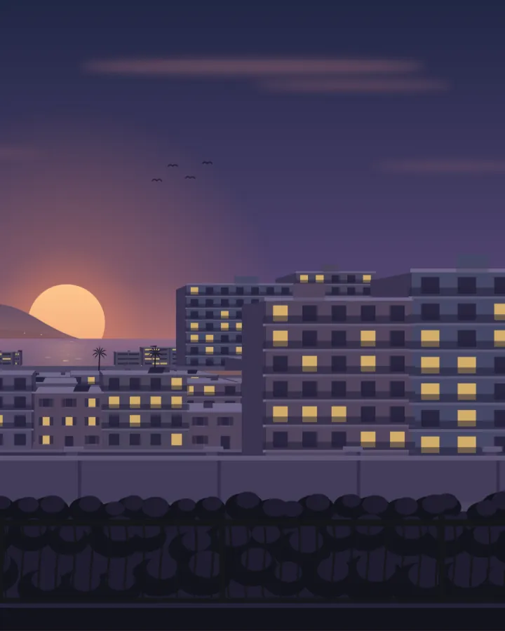 Drawing of the bay of Sarandë, dusk