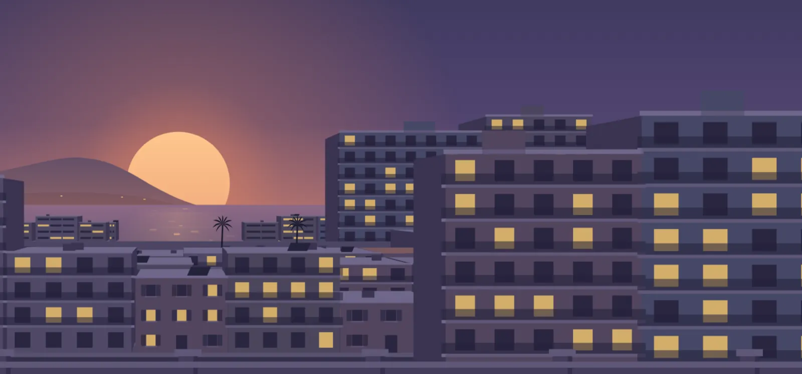 Drawing of Sarandë at dusk, with the town lights on