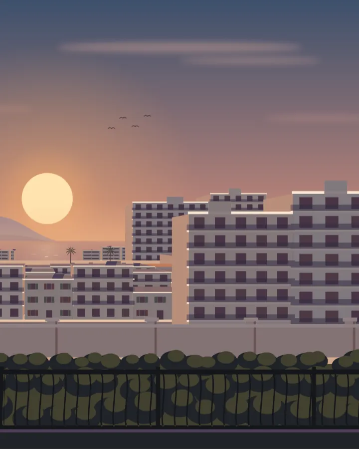 Drawing of the bay of Sarandë, golden hour